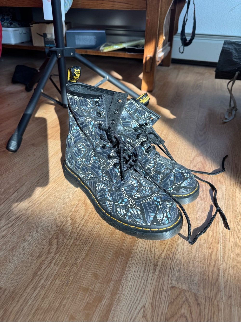 Dr. Martens 1460 Black Leather Ankle Boots with Blue & Gray Butterfly Pattern
